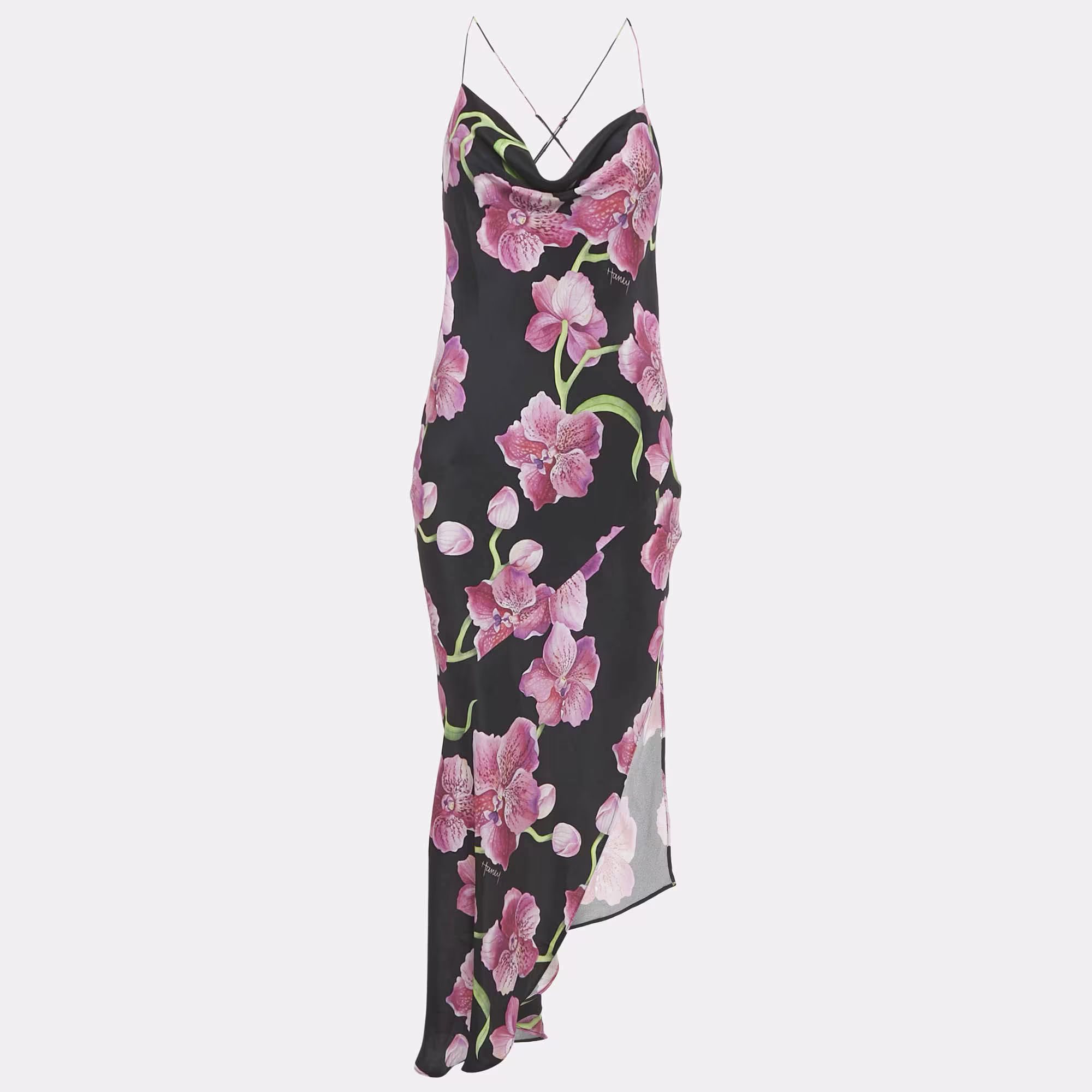 Haney Black Floral Print Silk Cowl Neck Slip Dress