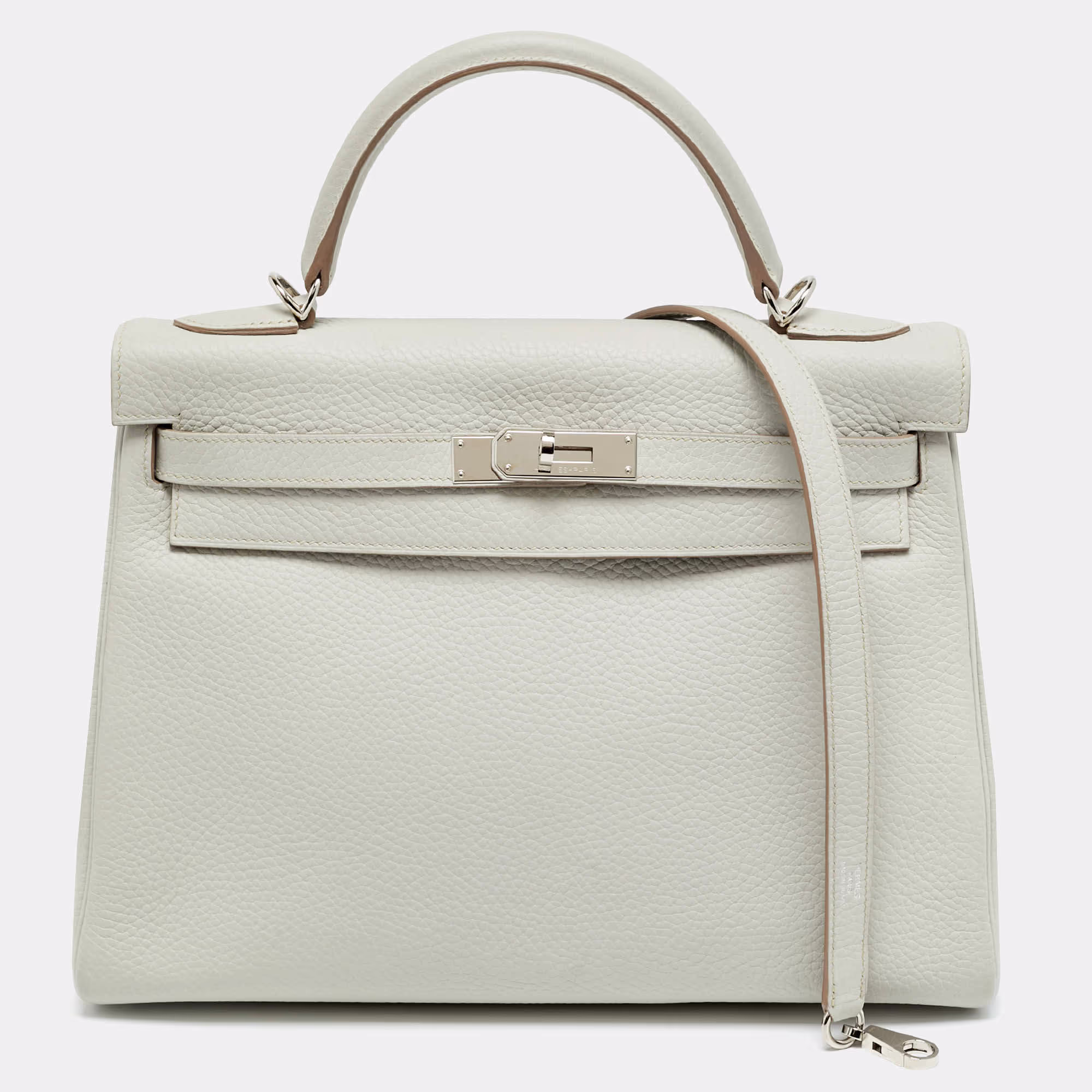 Hermès Kelly Retourne 32 Palladium Finish Gris Perle Taurillon Clemence Leather Top Handle Bag