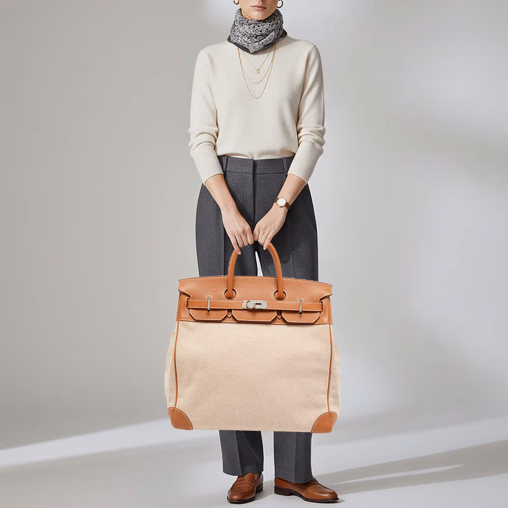 Hermès Birkin HAC 40 Palladium Finish Gold/Ecru Evercolor Leather and Criss Viking Toile Tote