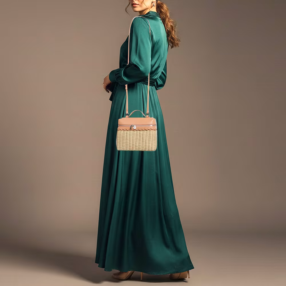 Loro Piana L19 Wicker Cream/Peach Rattas and Leather Top Handle Bag