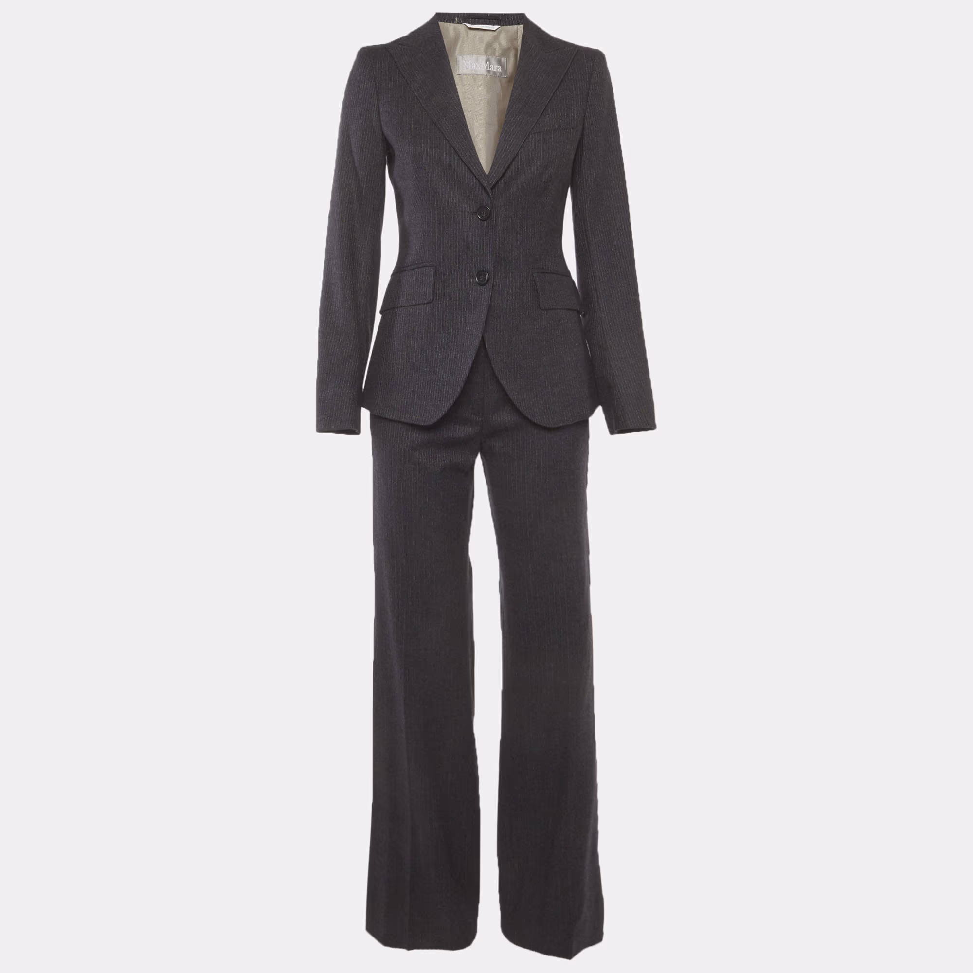 Max Mara Grey Pin Striped Wool Blend Single Breasted Blazer and Pant Suit S