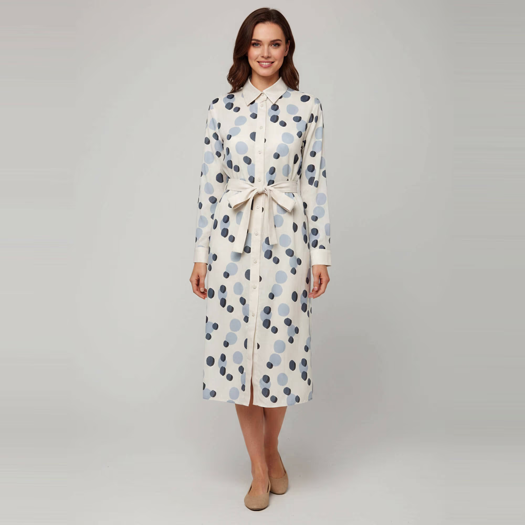 Max Mara Leisure Grey/Blue Polka Dot Cotton Button Down Shirt Dress L in Good Condition