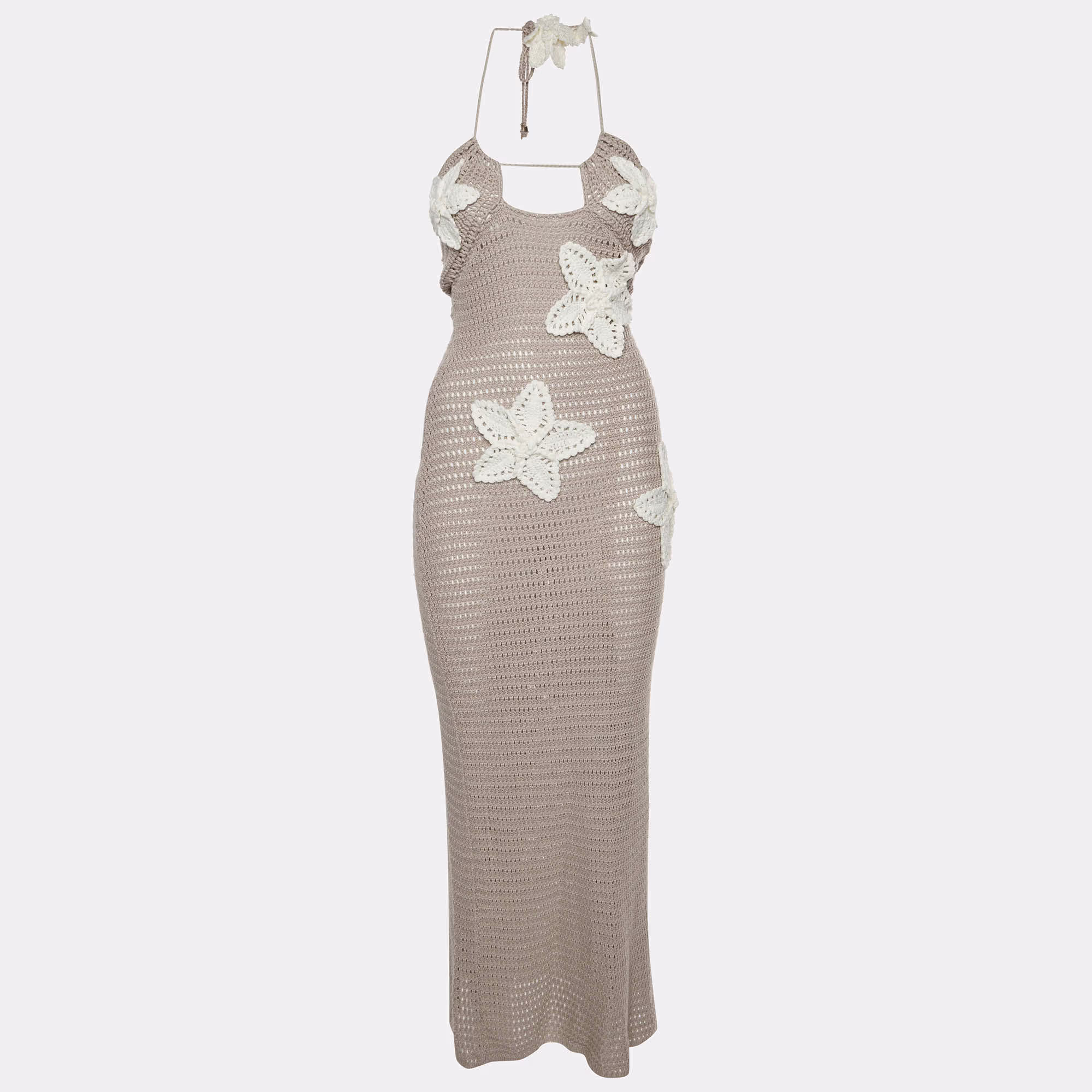 Pre Owned Meshki Beige Kyla Floral Crochet Maxi Dress XS