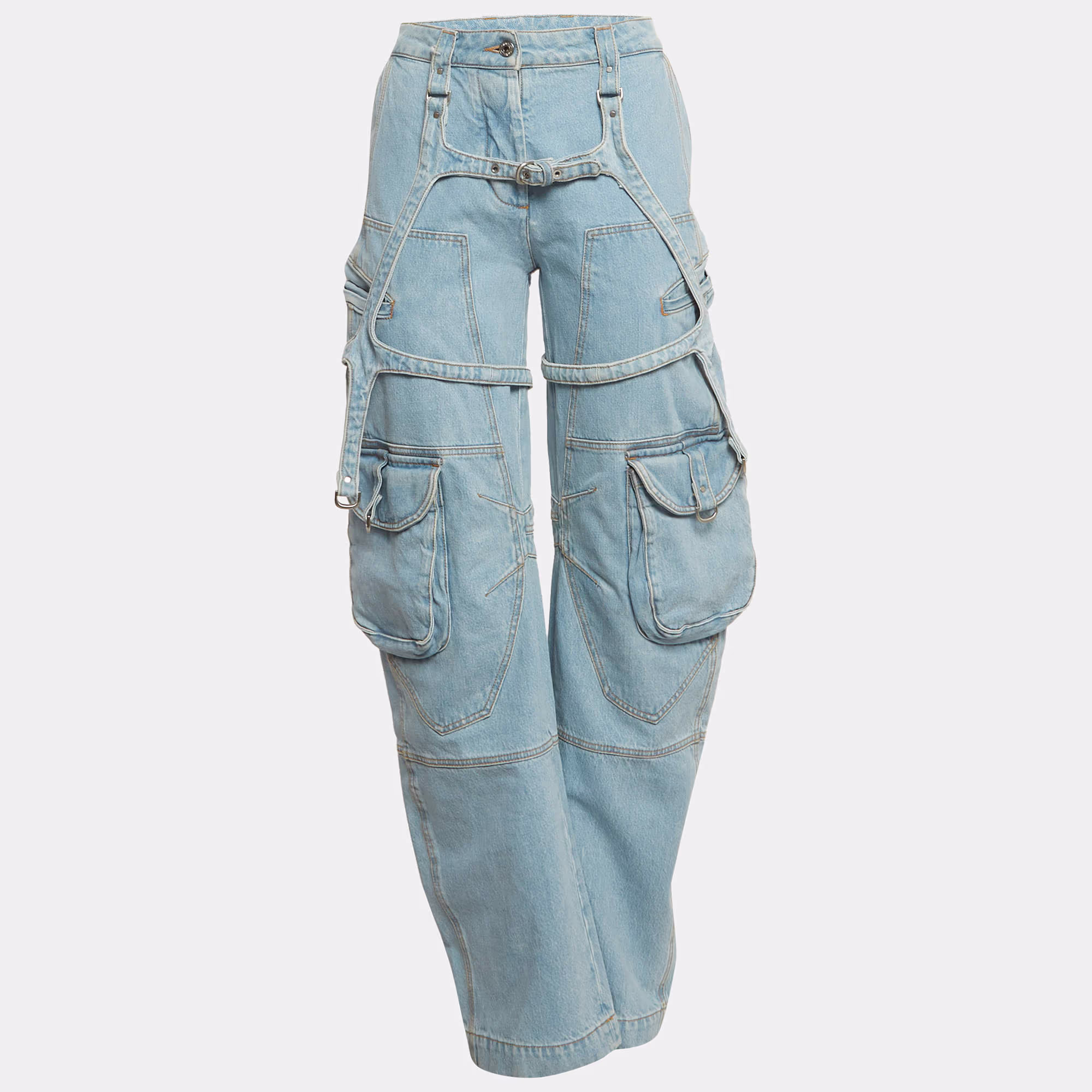 Off-White Blue Denim Belt Looped Wide Leg Jeans S/ Waist 27" in Good Condition 