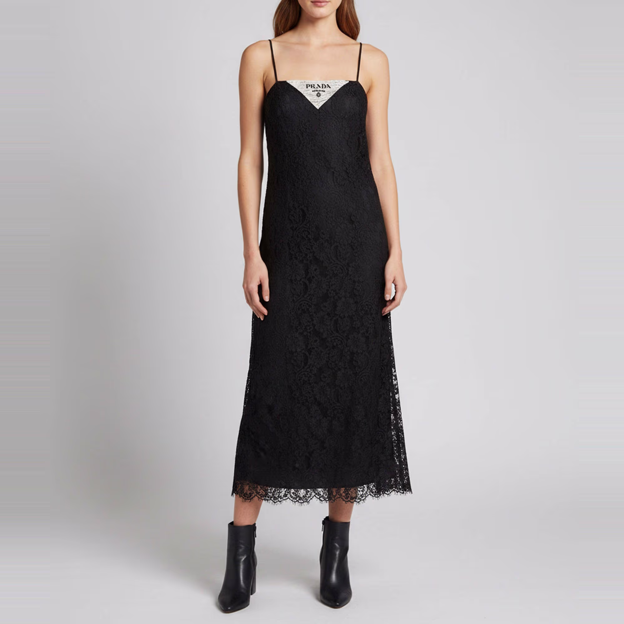 Prada Black Logo Print Floral Lace Slip Midi Dress S 