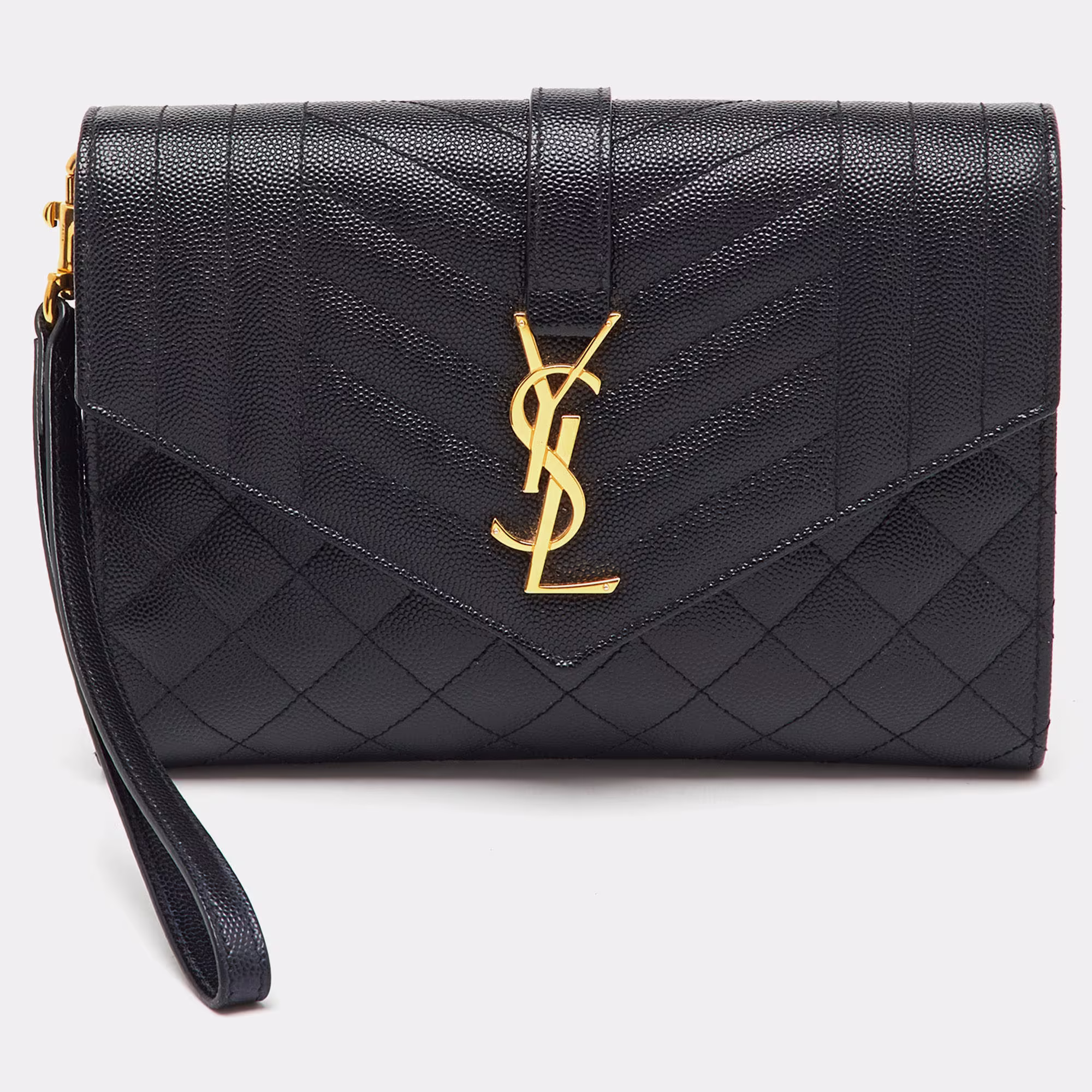 Saint Laurent Black Leather Monogram Envelope Pouch Clutch