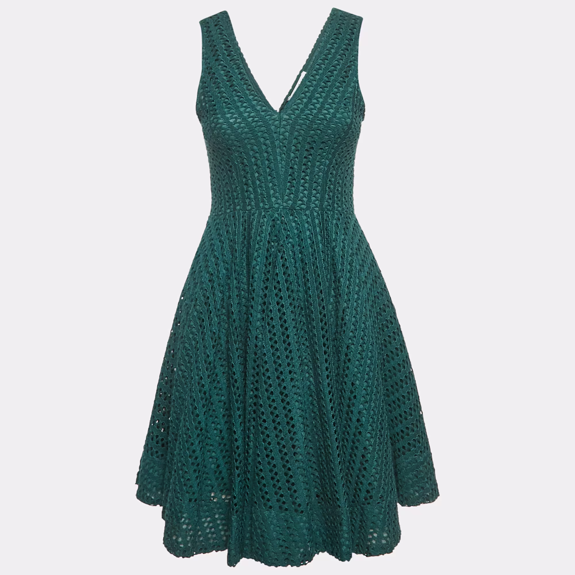 Sandro Green Crochet V-Neck Fit and Flare Mini Dress