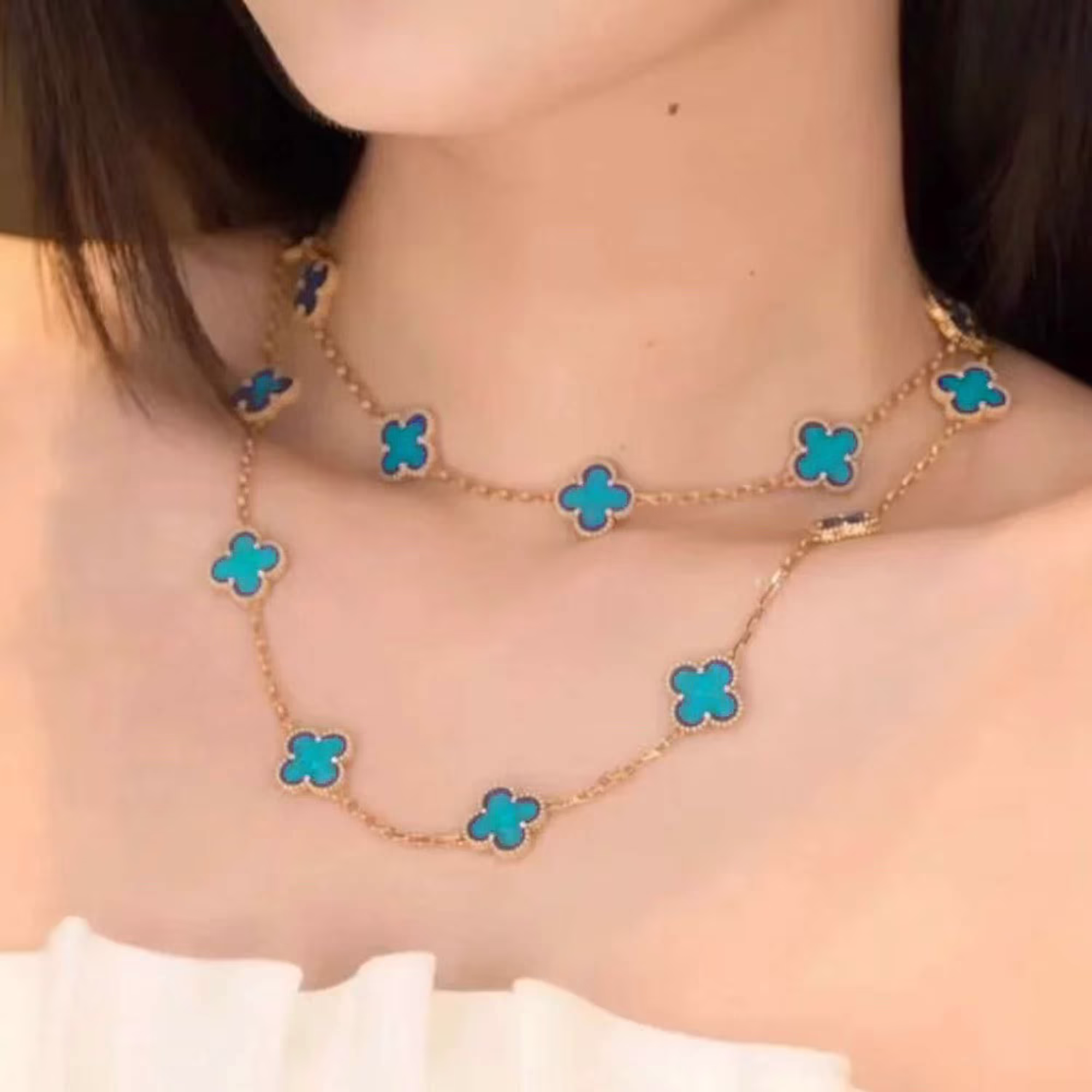 Van Cleef & Arpels Vintage Alhambra Turquoise Yellow Gold Limited Edition 20 Motif Necklace