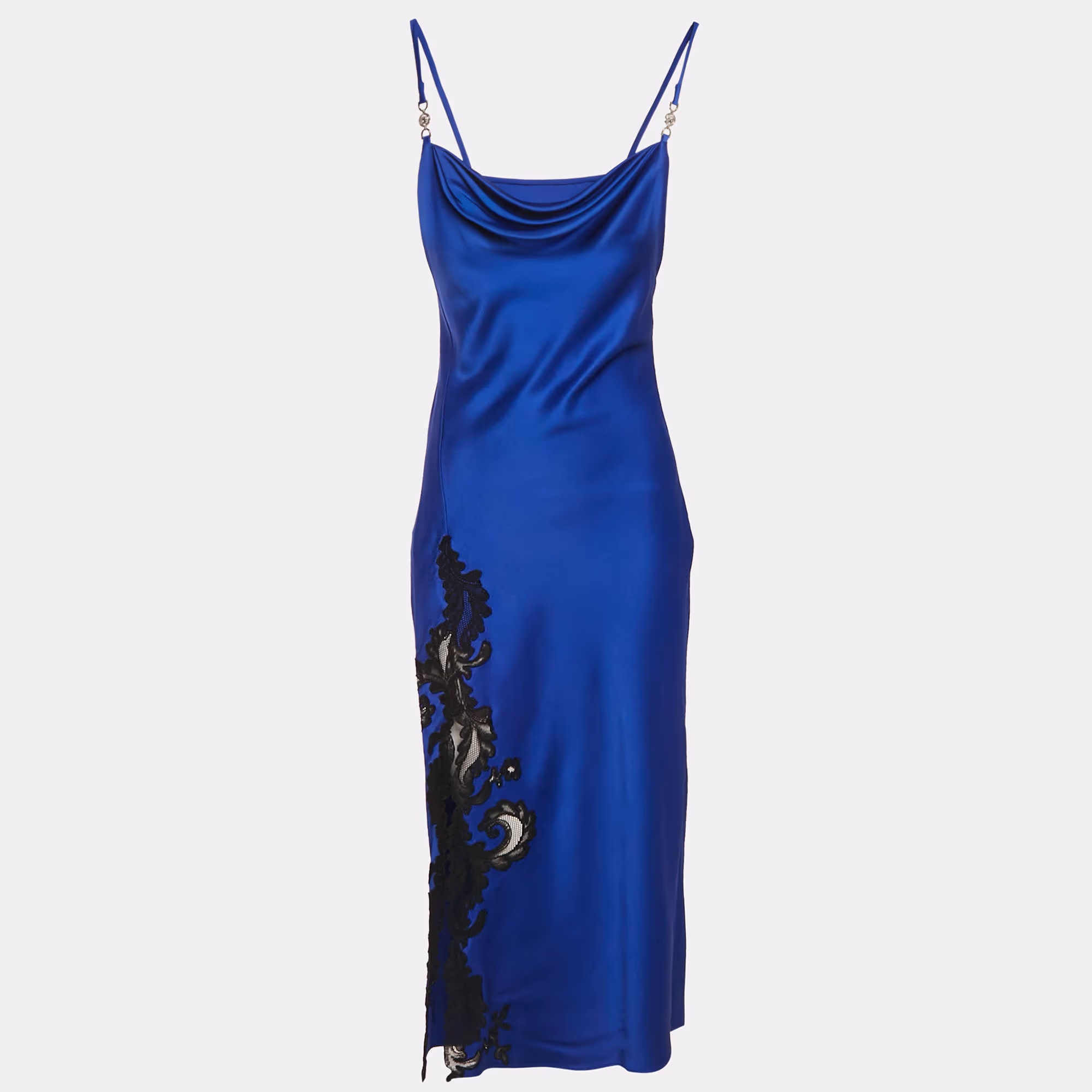 Versace Blue Barocco Lace Satin Silk Cowl Neck Slip Dress S in Pristine Condition
