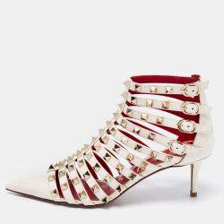 Pre Owned Valentino Off White Patent Leather Rockstud Alcove Ankle Booties Size 37.5