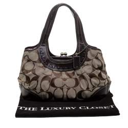 Pre Owned Coach Beige/Brown Signature Canvas and Leather Kiss Lock Shoulder Bag