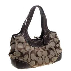 Pre Owned Coach Beige/Brown Signature Canvas and Leather Kiss Lock Shoulder Bag