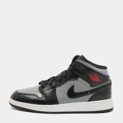Pre Owned Air Jordans Black/Grey Leather Jordan 1 Mid Shadow Red Sneakers Size 37.5