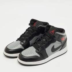 Pre Owned Air Jordans Black/Grey Leather Jordan 1 Mid Shadow Red Sneakers Size 37.5