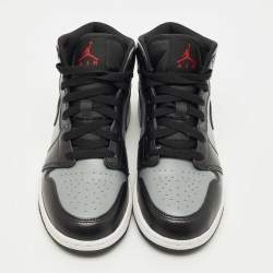 Pre Owned Air Jordans Black/Grey Leather Jordan 1 Mid Shadow Red Sneakers Size 37.5