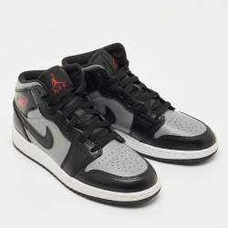 Pre Owned Air Jordans Black/Grey Leather Jordan 1 Mid Shadow Red Sneakers Size 37.5