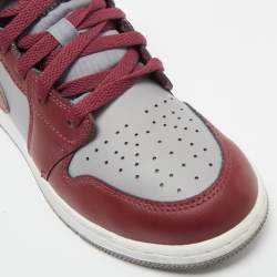 Pre Owned Air Jordans Burgundy/Grey Leather Jordan 1 Mid Cherrywood Red Sneakers Size 38