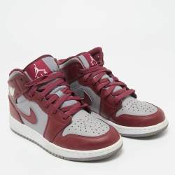 Pre Owned Air Jordans Burgundy/Grey Leather Jordan 1 Mid Cherrywood Red Sneakers Size 38