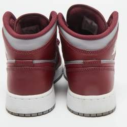 Pre Owned Air Jordans Burgundy/Grey Leather Jordan 1 Mid Cherrywood Red Sneakers Size 38