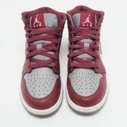 Pre Owned Air Jordans Burgundy/Grey Leather Jordan 1 Mid Cherrywood Red Sneakers Size 38