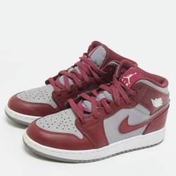Pre Owned Air Jordans Burgundy/Grey Leather Jordan 1 Mid Cherrywood Red Sneakers Size 38