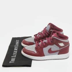 Pre Owned Air Jordans Burgundy/Grey Leather Jordan 1 Mid Cherrywood Red Sneakers Size 38
