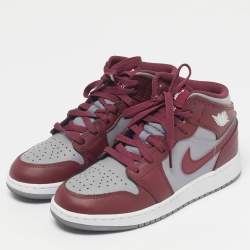 Pre Owned Air Jordans Burgundy/Grey Leather Jordan 1 Mid Cherrywood Red Sneakers Size 37.5