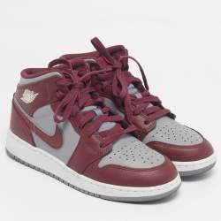 Pre Owned Air Jordans Burgundy/Grey Leather Jordan 1 Mid Cherrywood Red Sneakers Size 37.5