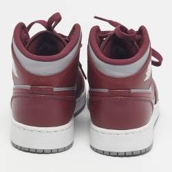 Pre Owned Air Jordans Burgundy/Grey Leather Jordan 1 Mid Cherrywood Red Sneakers Size 37.5