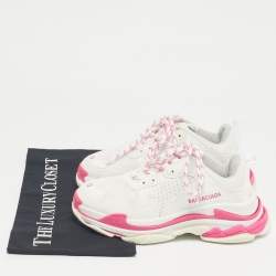 Pre Owned حذاء رياضي بالنسياغا جلد وشبك أبيض/وردي منصة تريبل إس مقاس 33