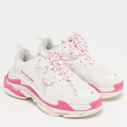 Pre Owned حذاء رياضي بالنسياغا جلد وشبك أبيض/وردي منصة تريبل إس مقاس 33