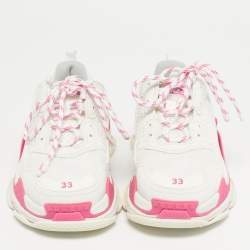 Pre Owned حذاء رياضي بالنسياغا جلد وشبك أبيض/وردي منصة تريبل إس مقاس 33