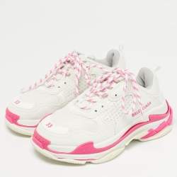 Pre Owned حذاء رياضي بالنسياغا جلد وشبك أبيض/وردي منصة تريبل إس مقاس 33