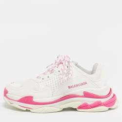 Pre Owned Balenciaga White/Pink Leather and Mesh Triple S Platform Sneakers Size 33