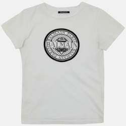 Pre Owned Balmain Kids  White/Black Logo Applique Cotton T-Shirt 10 Yrs