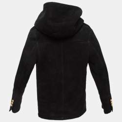 Balmain Black Wool Hooded Double Breast Shearling Coat 10A