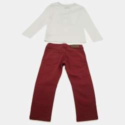 Pre Owned Burberry Children  White / Maroon Cotton T-Shirt & Denim Set 5 Yrs 