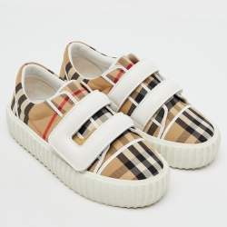 Burberry Beige/White Neutral Mark Check Fabric and Leather Velcro Sneakers Size 29