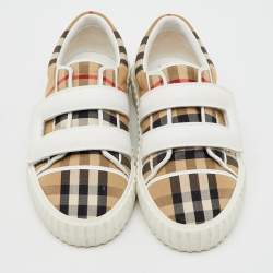 Burberry Beige/White Neutral Mark Check Fabric and Leather Velcro Sneakers Size 29