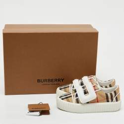 Burberry Beige/White Neutral Mark Check Fabric and Leather Velcro Sneakers Size 29
