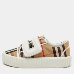 Burberry Beige/White Neutral Mark Check Fabric and Leather Velcro Sneakers Size 29