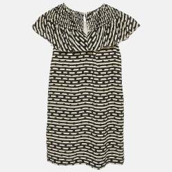 Burberry Kids Cream/Black Striped Silk Ruffed Dress 12 Yrs 