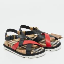 Pre Owned Burberry Multicolor Leather Check Print Jane Flat Sandals Size 31