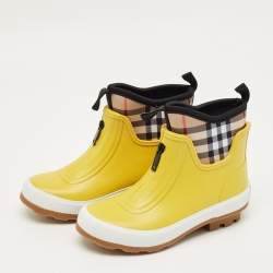 Pre Owned Burberry Yellow Rubber and Vintage Check Neoprene Rain Boots Size 29