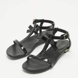 Pre Owned Burberry Black Patent Leather Bow Flat Sandals Size 32