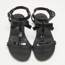 Pre Owned Burberry Black Patent Leather Bow Flat Sandals Size 32