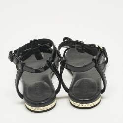 Pre Owned Burberry Black Patent Leather Bow Flat Sandals Size 32