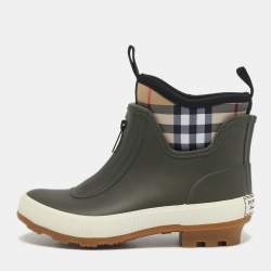 Pre Owned Burberry Olive Green Rubber and Vintage Check Neoprene Rain Boots Size 29
