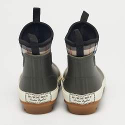 Pre Owned Burberry Olive Green Rubber and Vintage Check Neoprene Rain Boots Size 29