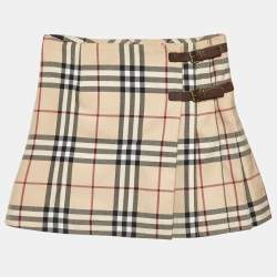 Burberry Beige Tartan Check Wool Blend Pleated Wrap Skirt 8 Yrs